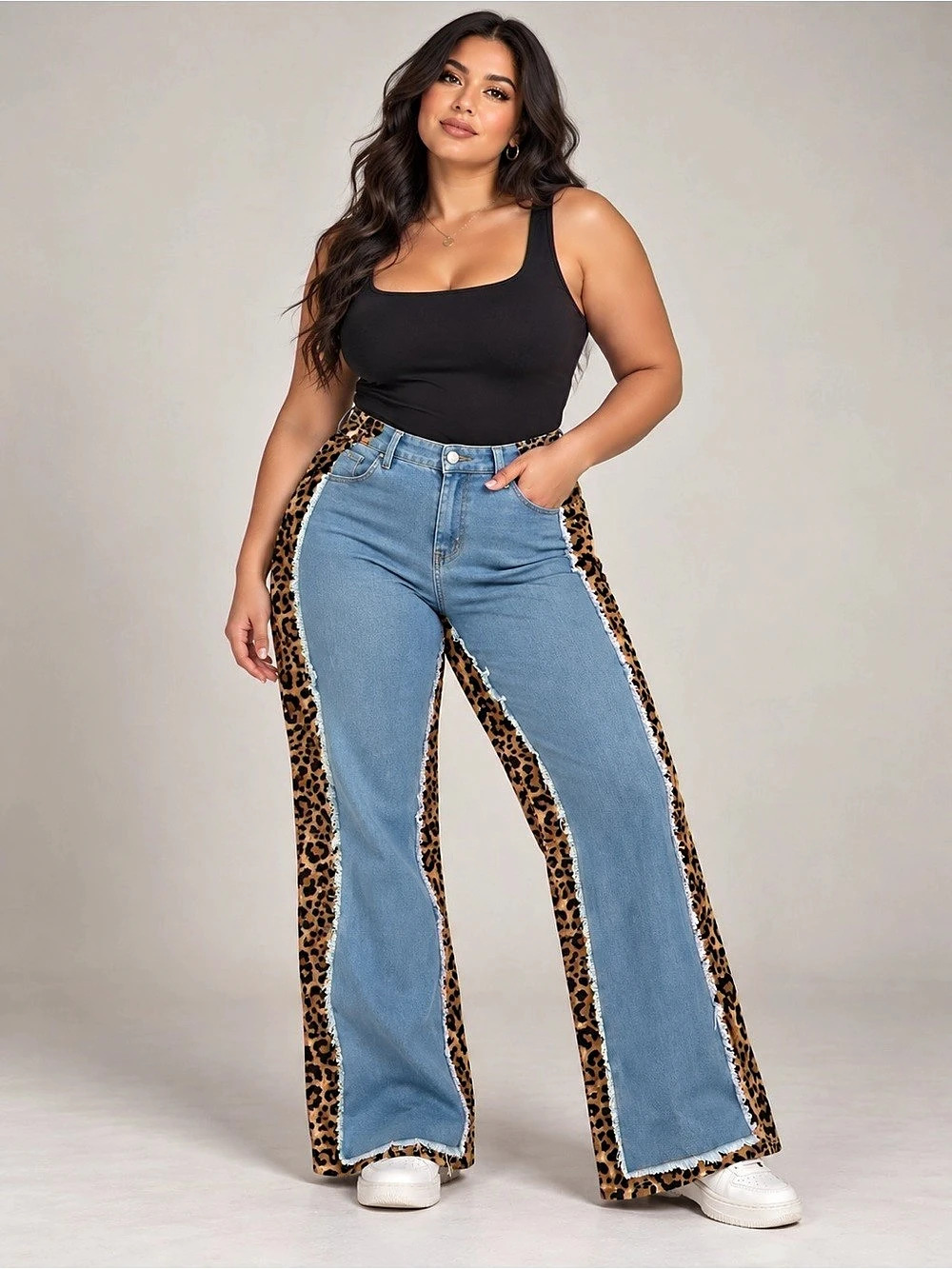 Wide Leg Leopard Panel Jeans